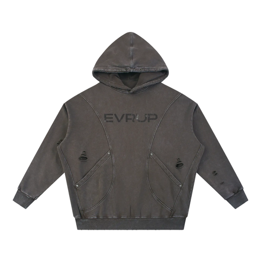 Snow Washed Distressed Panel Pocket Hoodie