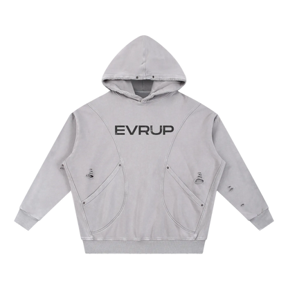 Snow Washed Distressed Panel Pocket Hoodie